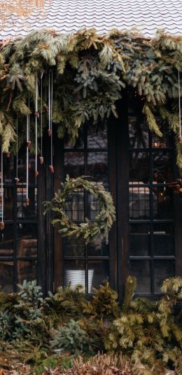 wreath, coniferous branches, christmas Wallpaper 1440x2960