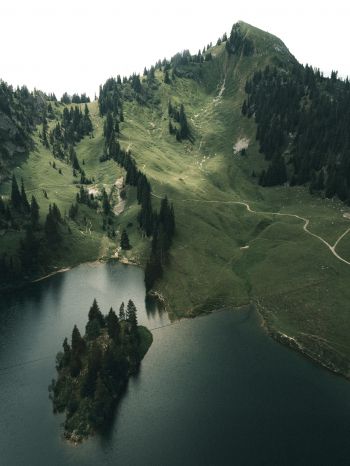 Switzerland, lake, mountains, green Wallpaper 2048x2732