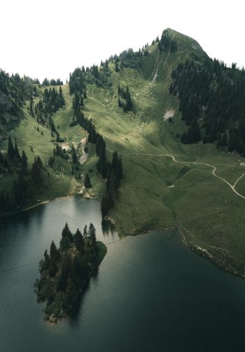 Switzerland, lake, mountains, green Wallpaper 1640x2360