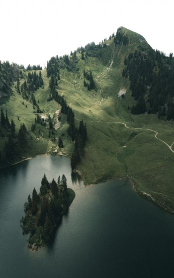Switzerland, lake, mountains, green Wallpaper 1752x2800