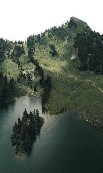 Switzerland, lake, mountains, green Wallpaper 1200x2000