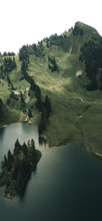 Switzerland, lake, mountains, green Wallpaper 1284x2778