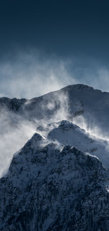 Обои 1440x3040 горы, снег, ветер