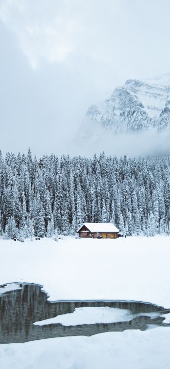 mountains, winter, house, forest Wallpaper 1080x2340
