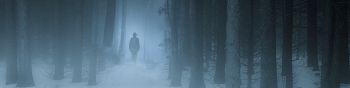 foggy forest, man, snow Wallpaper 1590x400