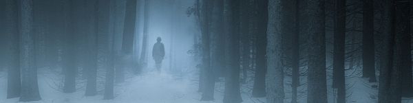 foggy forest, man, snow Wallpaper 1590x400