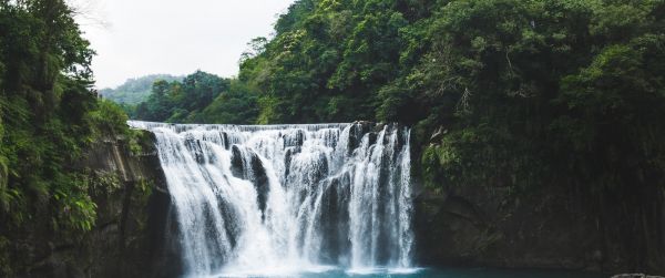 waterfall, river, vegetation Wallpaper 3440x1440