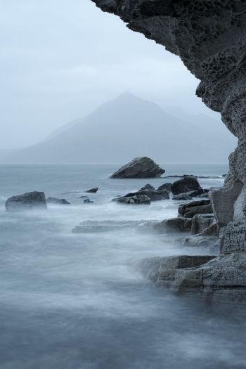 sea, mountains, overcast Wallpaper 640x960