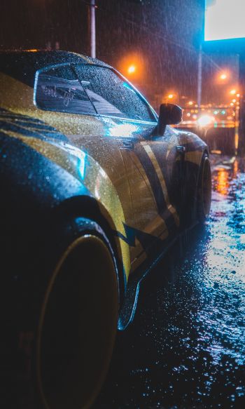 Обои 1200x2000 спортивная машина, дождь, ночь