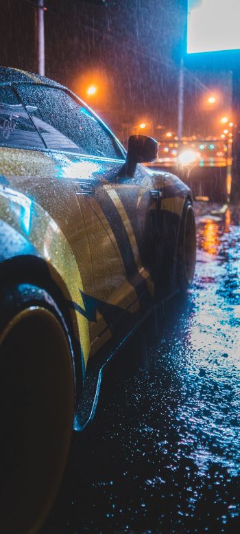 sports car, rain, night Wallpaper 1440x3200