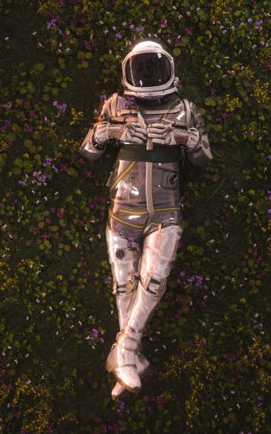 Обои 1200x1920 космонавт, поле, цветы