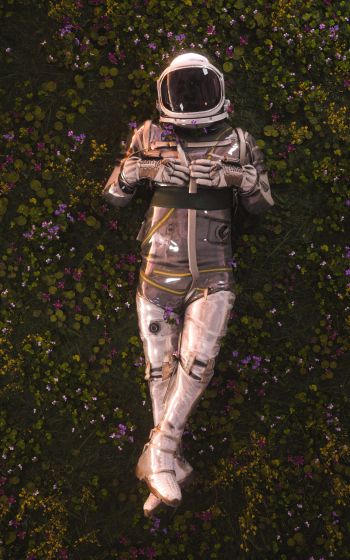 Обои 1200x1920 космонавт, поле, цветы