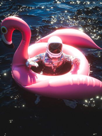 Обои 1668x2224 космонавт, надувной, фламинго