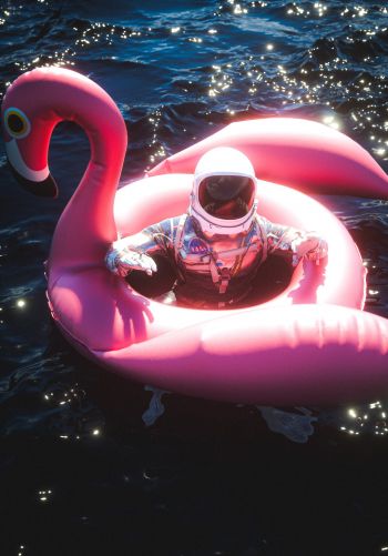 Обои 1668x2388 космонавт, надувной, фламинго