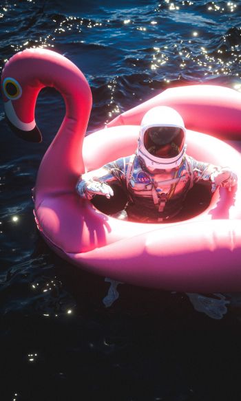 Обои 1200x2000 космонавт, надувной, фламинго