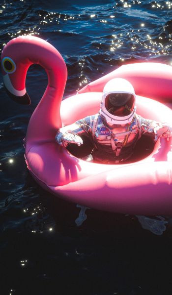 Обои 600x1024 космонавт, надувной, фламинго