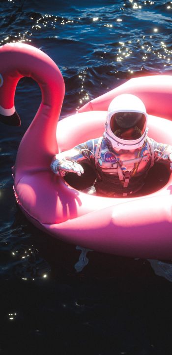 astronaut, inflatable, flamingo Wallpaper 1080x2220