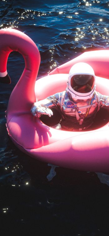 Обои 828x1792 космонавт, надувной, фламинго