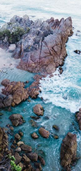 ocean, rocks, sand Wallpaper 1080x2280