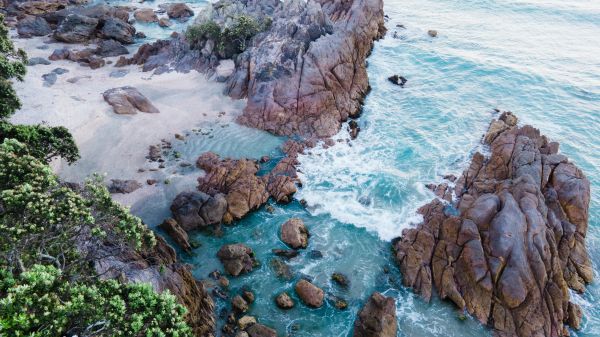 ocean, rocks, sand Wallpaper 3840x2160