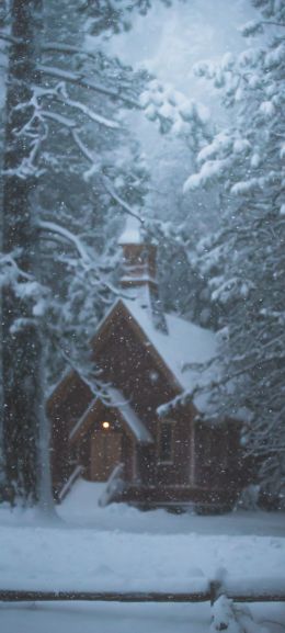 house in the woods, winter, snow Wallpaper 1440x3200