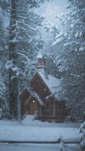Обои 640x1136 дом в лесу, зима, снег