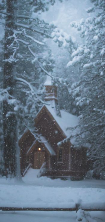 Обои 1080x2280 дом в лесу, зима, снег