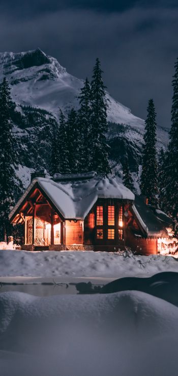 Обои 1080x2280 дом в лесу, зима, ночь