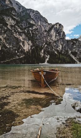 mountains, lake, boat Wallpaper 600x1024