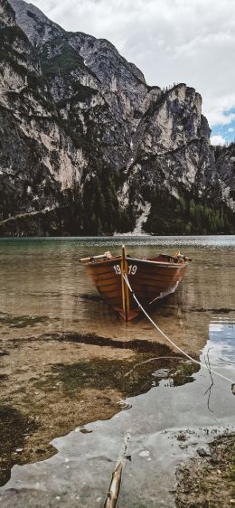 mountains, lake, boat Wallpaper 1242x2688