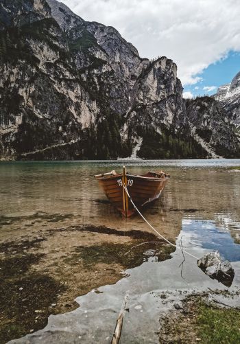 mountains, lake, boat Wallpaper 1668x2388
