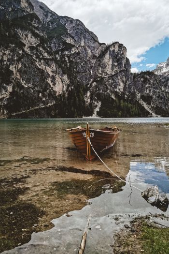 mountains, lake, boat Wallpaper 640x960