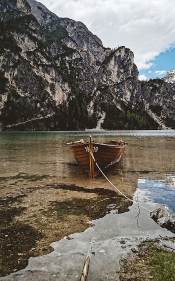 mountains, lake, boat Wallpaper 1200x1920