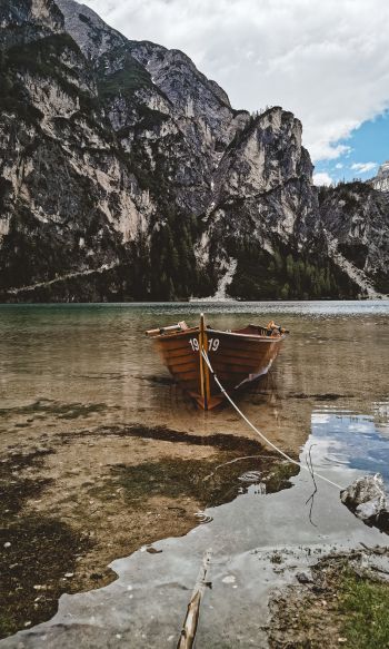 mountains, lake, boat Wallpaper 1200x2000