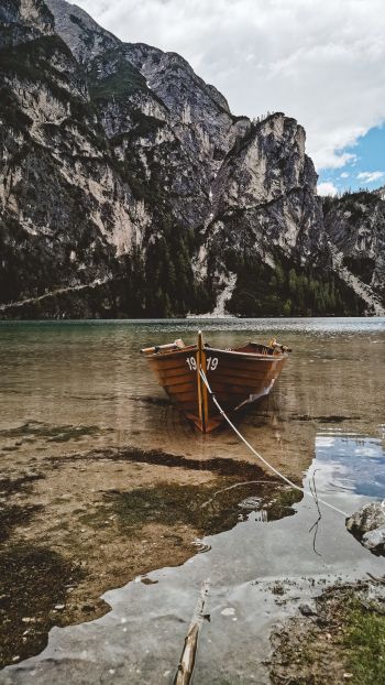 mountains, lake, boat Wallpaper 1440x2560
