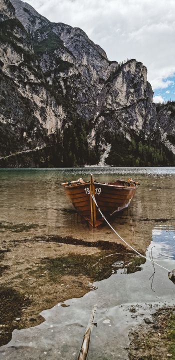 mountains, lake, boat Wallpaper 1080x2220