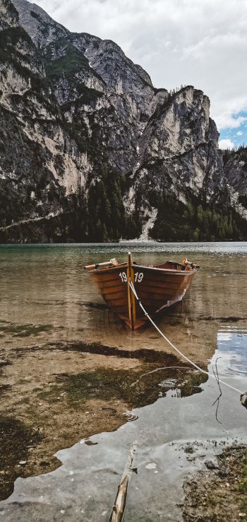 mountains, lake, boat Wallpaper 1080x2280