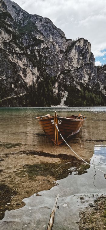 mountains, lake, boat Wallpaper 1080x2340