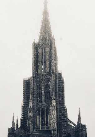 building, gray, snowfall Wallpaper 1668x2388