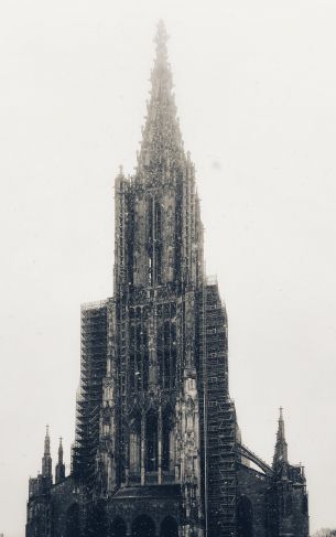 building, gray, snowfall Wallpaper 1752x2800