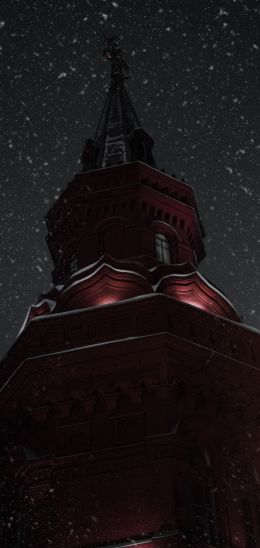 Обои 1080x2280 ночь, снегопад, башня