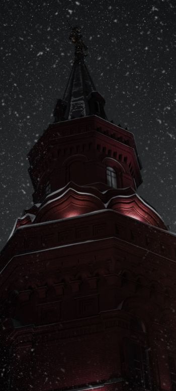 night, snowfall, tower Wallpaper 1080x2400