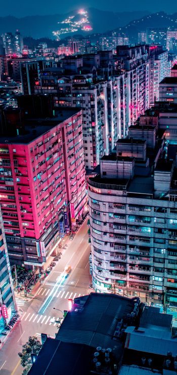 New Taipei, Taiwan, night city Wallpaper 1080x2280