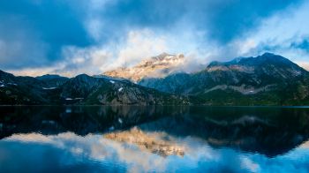 mountains, lake, clouds Wallpaper 1600x900