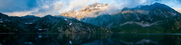 mountains, lake, clouds Wallpaper 1590x400