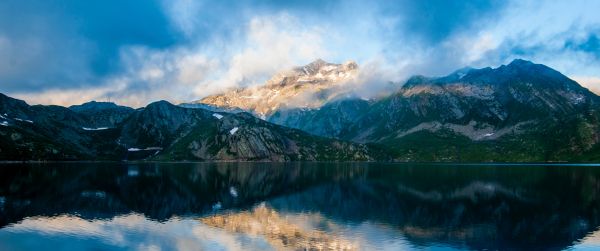 mountains, lake, clouds Wallpaper 3440x1440