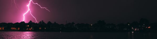 lightning, night, coast Wallpaper 1590x400