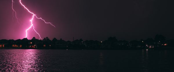 lightning, night, coast Wallpaper 3440x1440