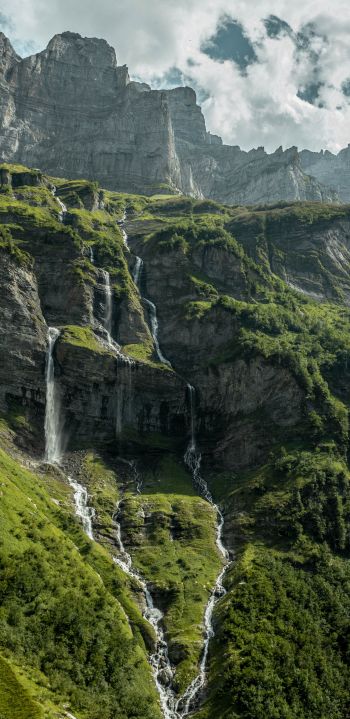 France, mountains, green, waterfall Wallpaper 1440x2960
