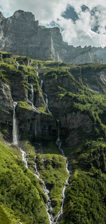 France, mountains, green, waterfall Wallpaper 1080x2280